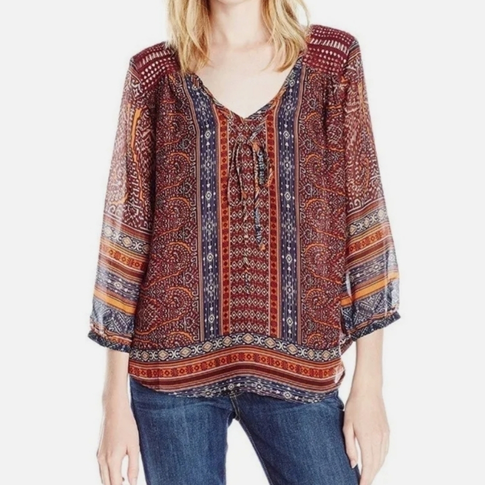 Miss Me 1/4 Sleeve Paisley Tie Front Boho Flowy Top